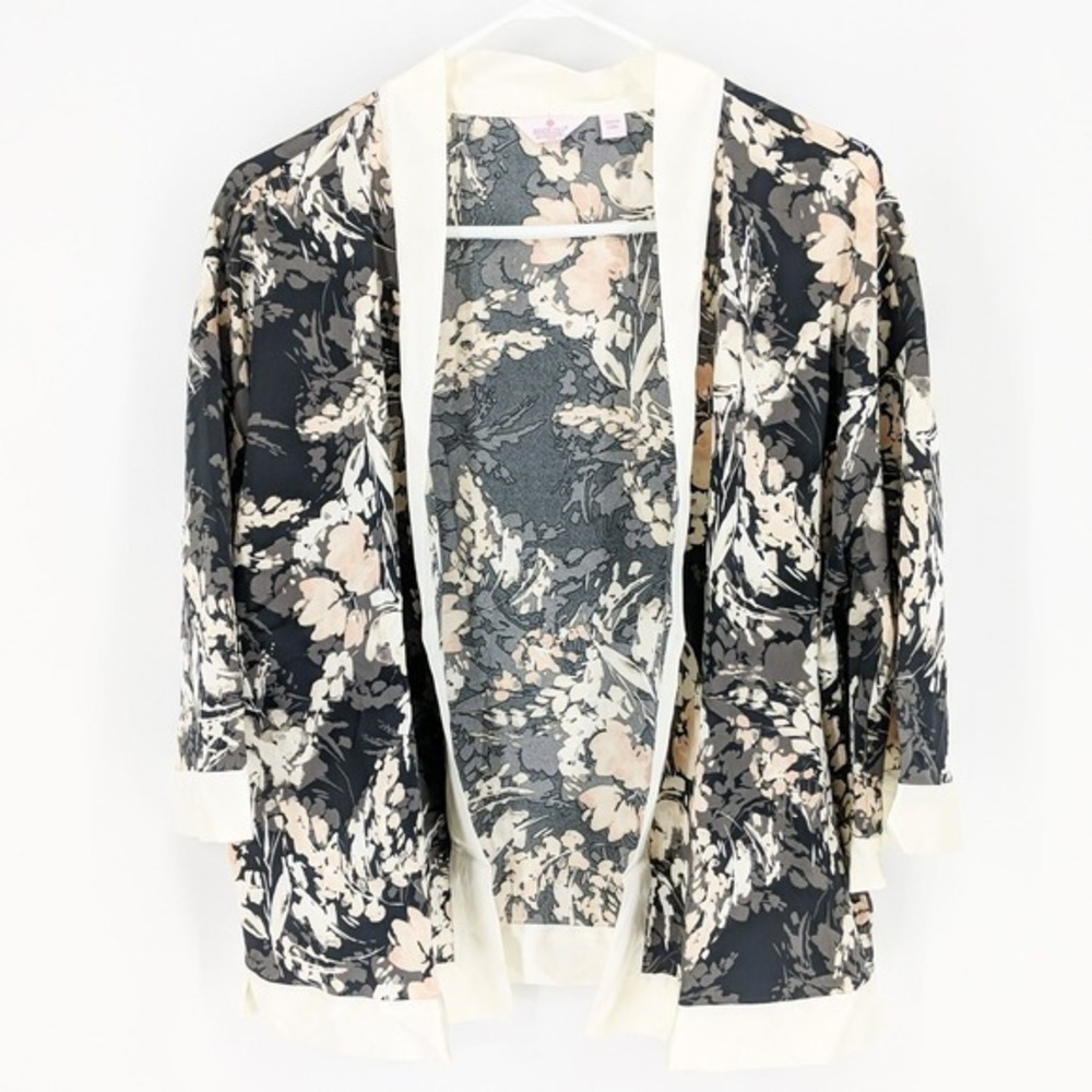 Breezies Floral Open Front Short Sleeve Lounge Topper Black Women's‎ Size XS/S